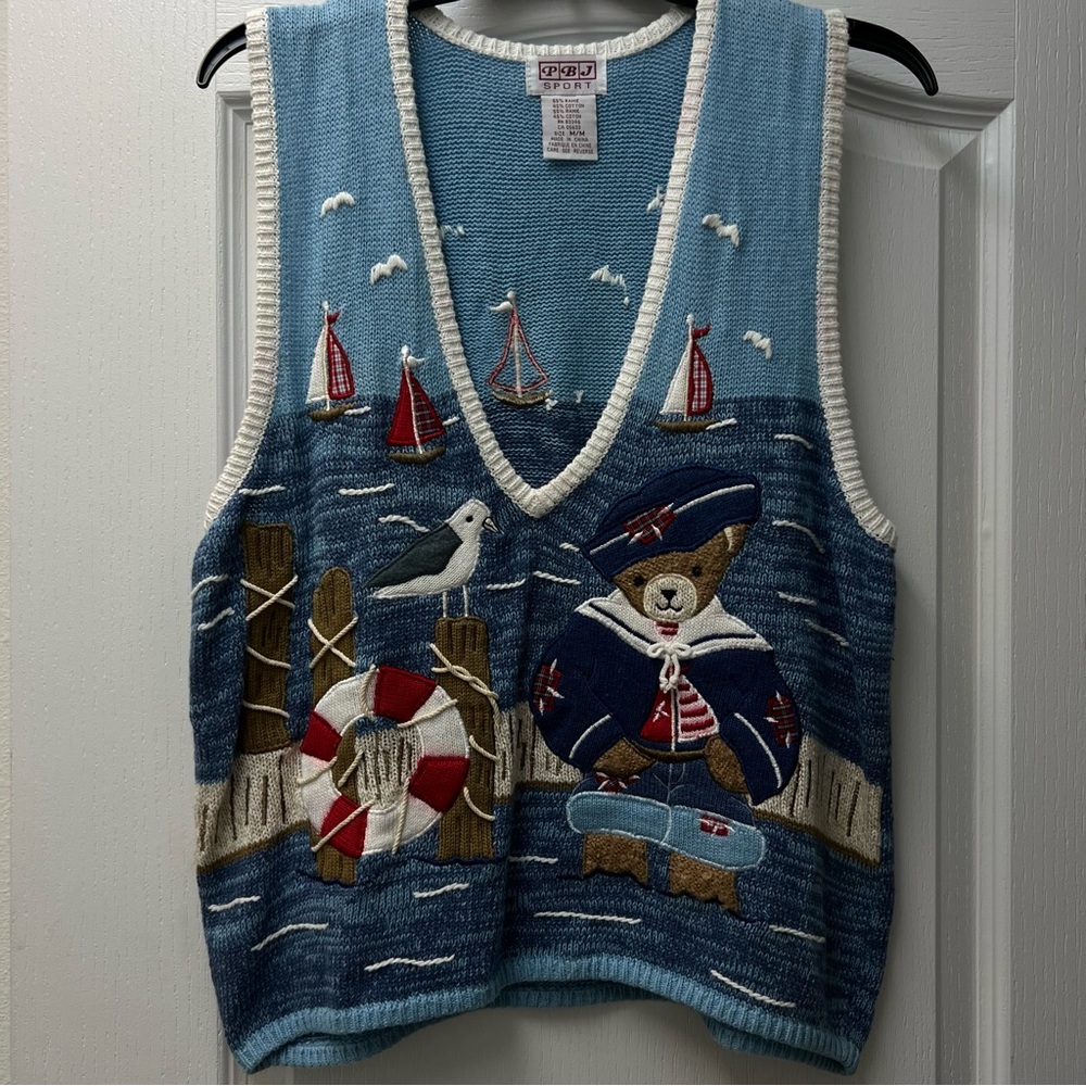 Knit Teddy Bear Nautical Birds Ocean Vacation Vest Sz Med